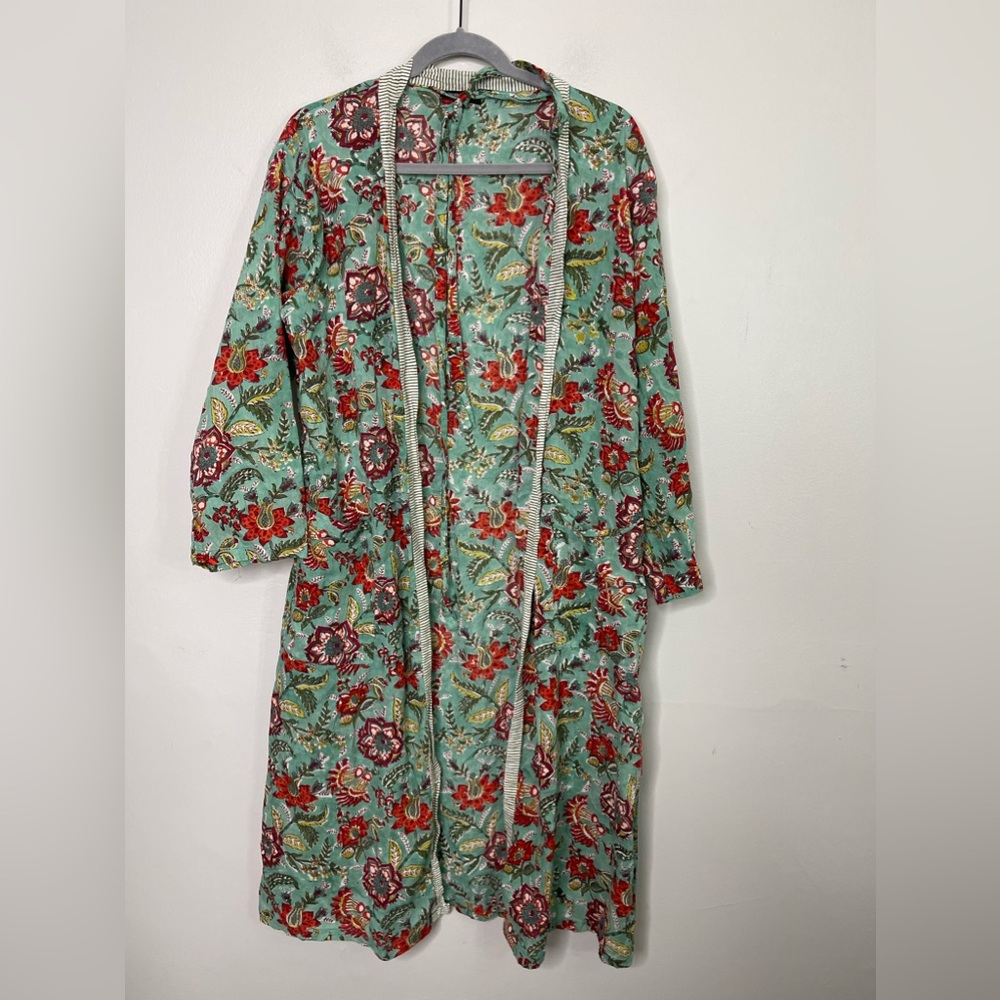 jayshree Dalal Aqua Floral Belted Made In Indian Cotton Bohemian Robe Sz L